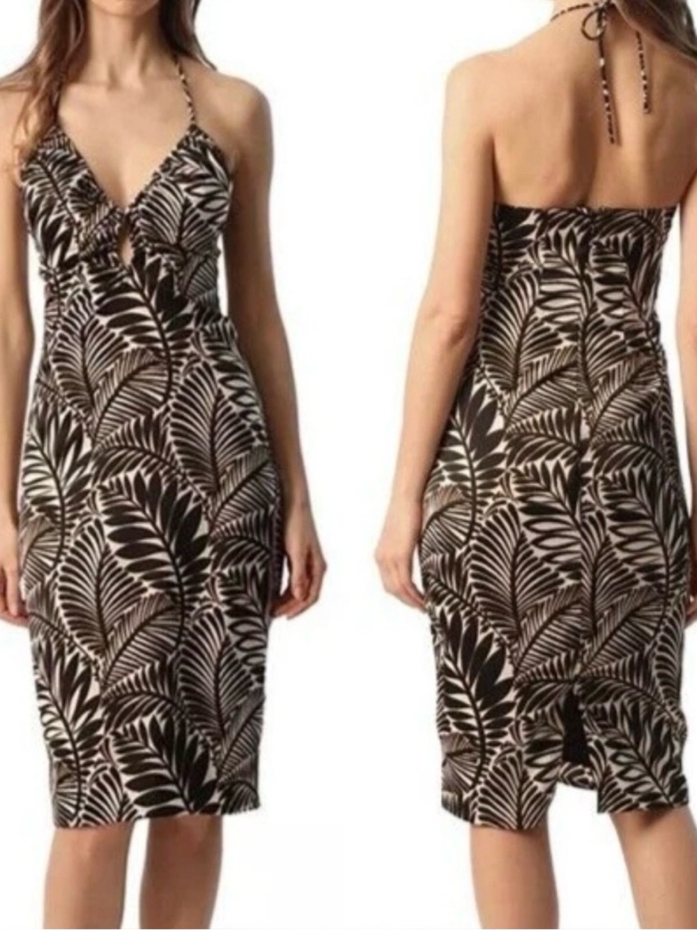 Christian Lacroix Palm Print Tropical Keyhole Midi Halter Dress